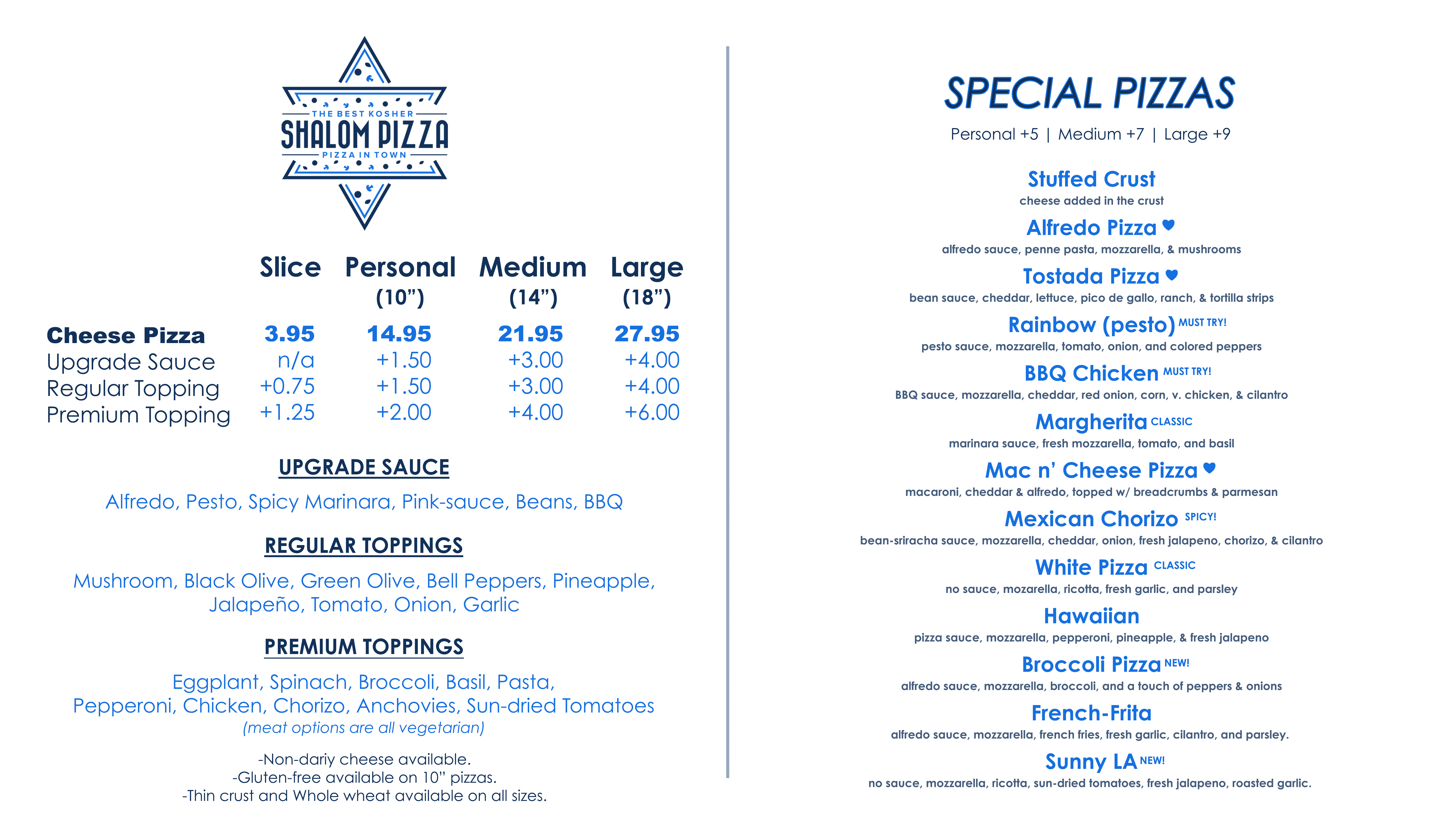 Shalom Pizza Menu 1