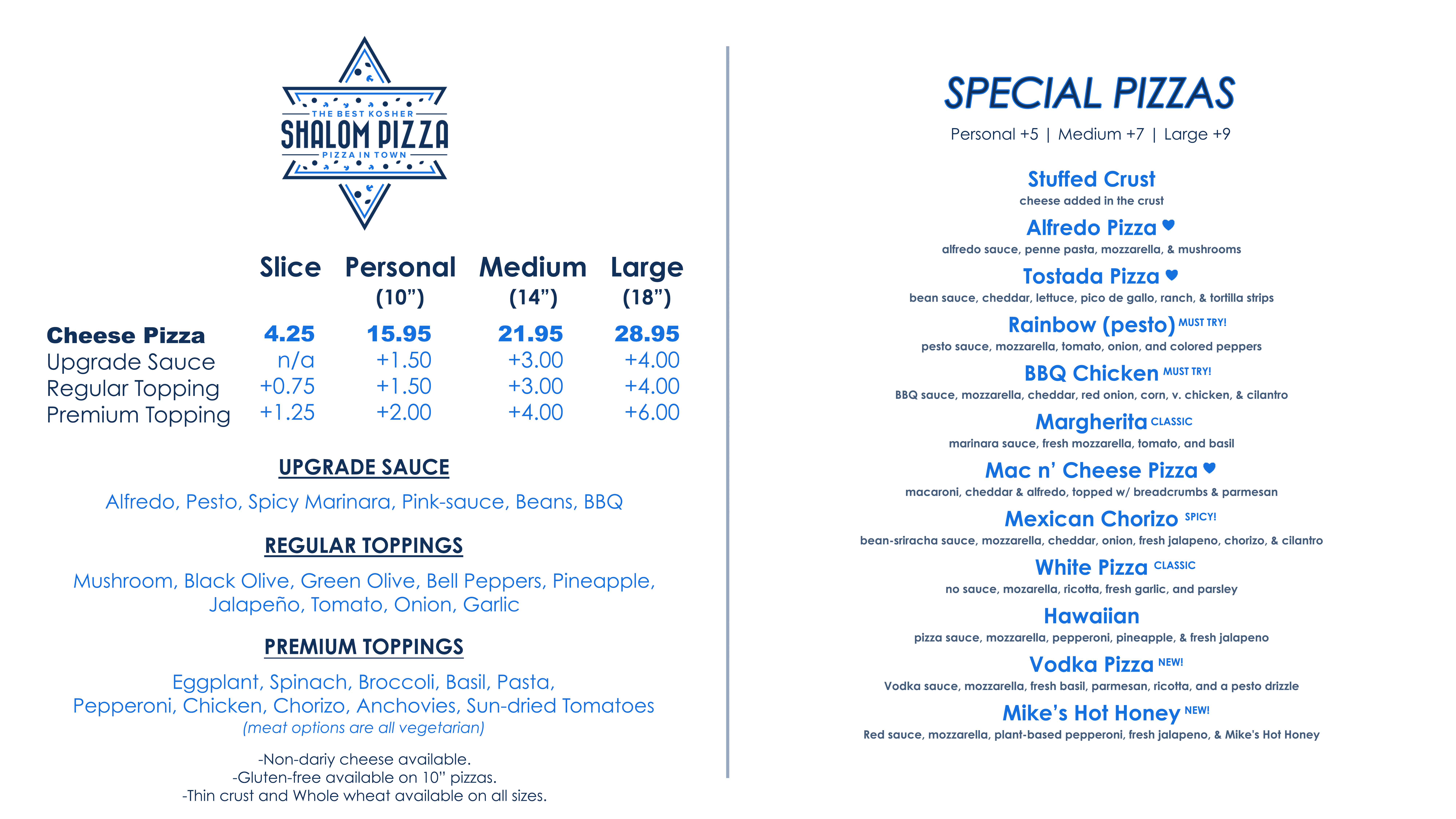Shalom Pizza Menu 1