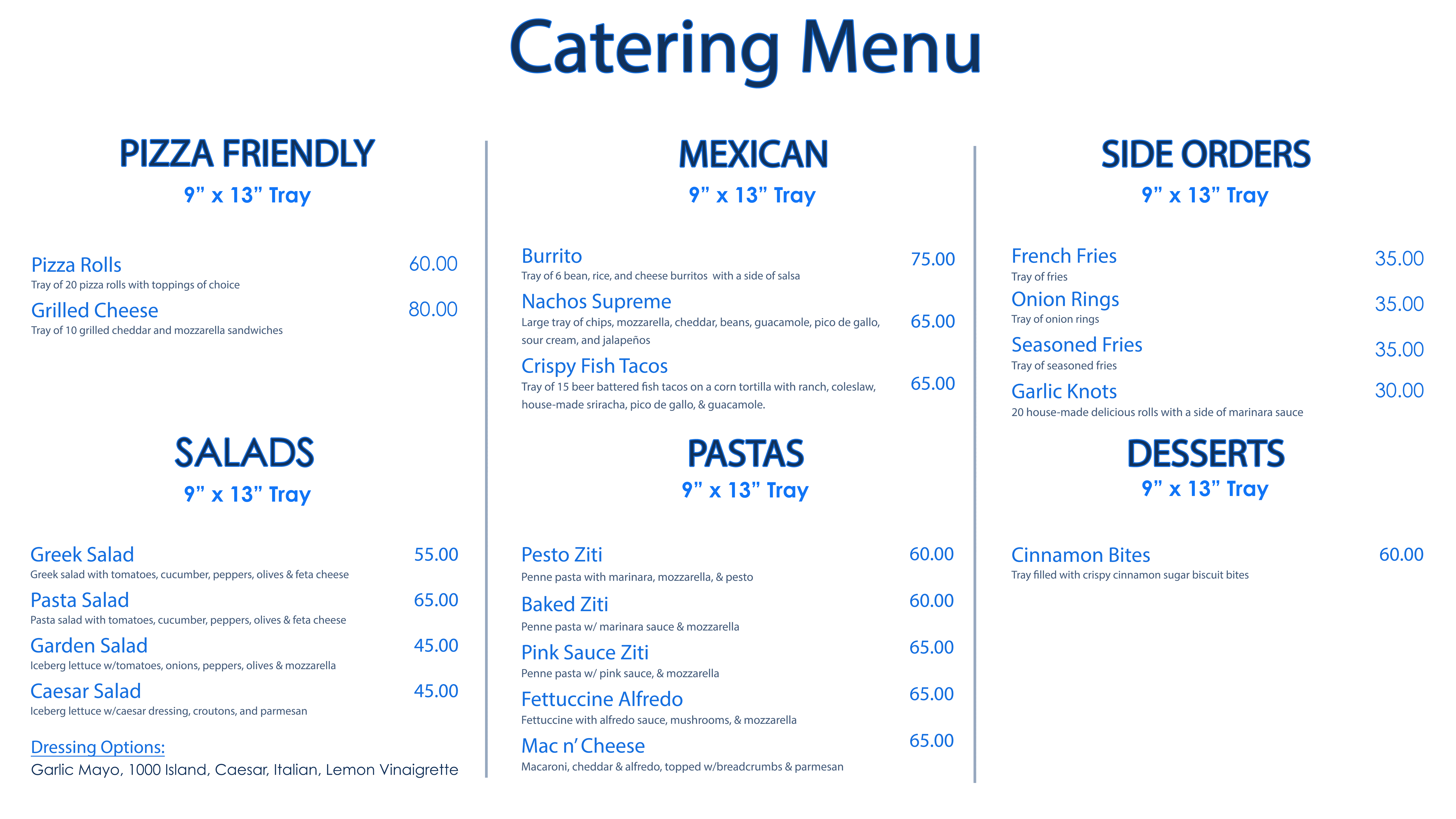 Shalom Pizza Catering Menu